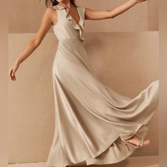 Beautiful Champagne Satin Dress - BHLDN Tansy Satin Charmeuse Maxi Dress, Size 0 - Picture 1 of 6